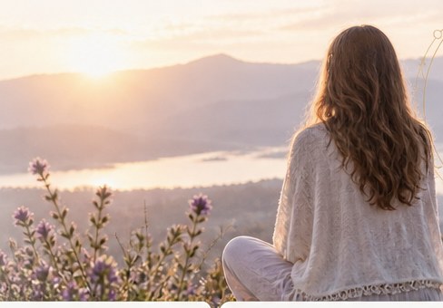 Mujer contemplando un paisaje tranquilo al amanecer
